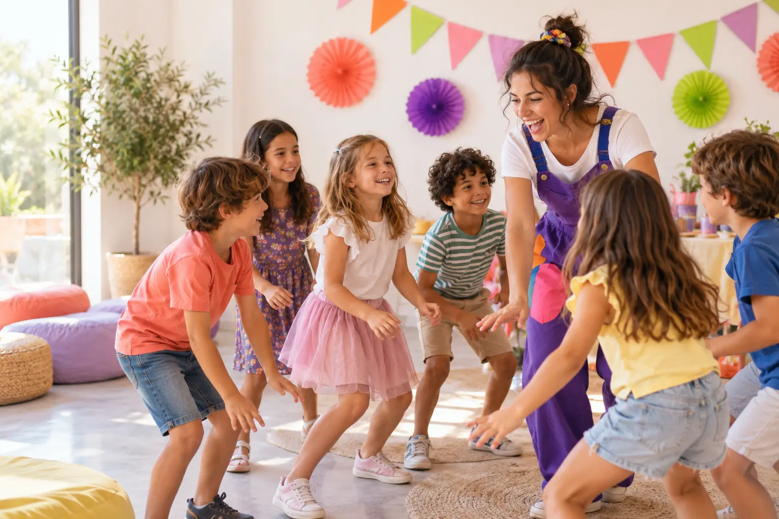 Animadora realizando juegos con un grupo de niños en una fiesta infantil